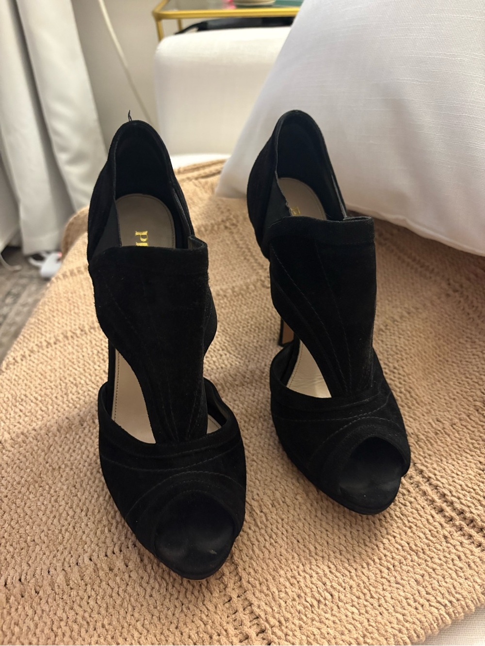 Prada Black Suede Peep-Toe Sculpted High Heels